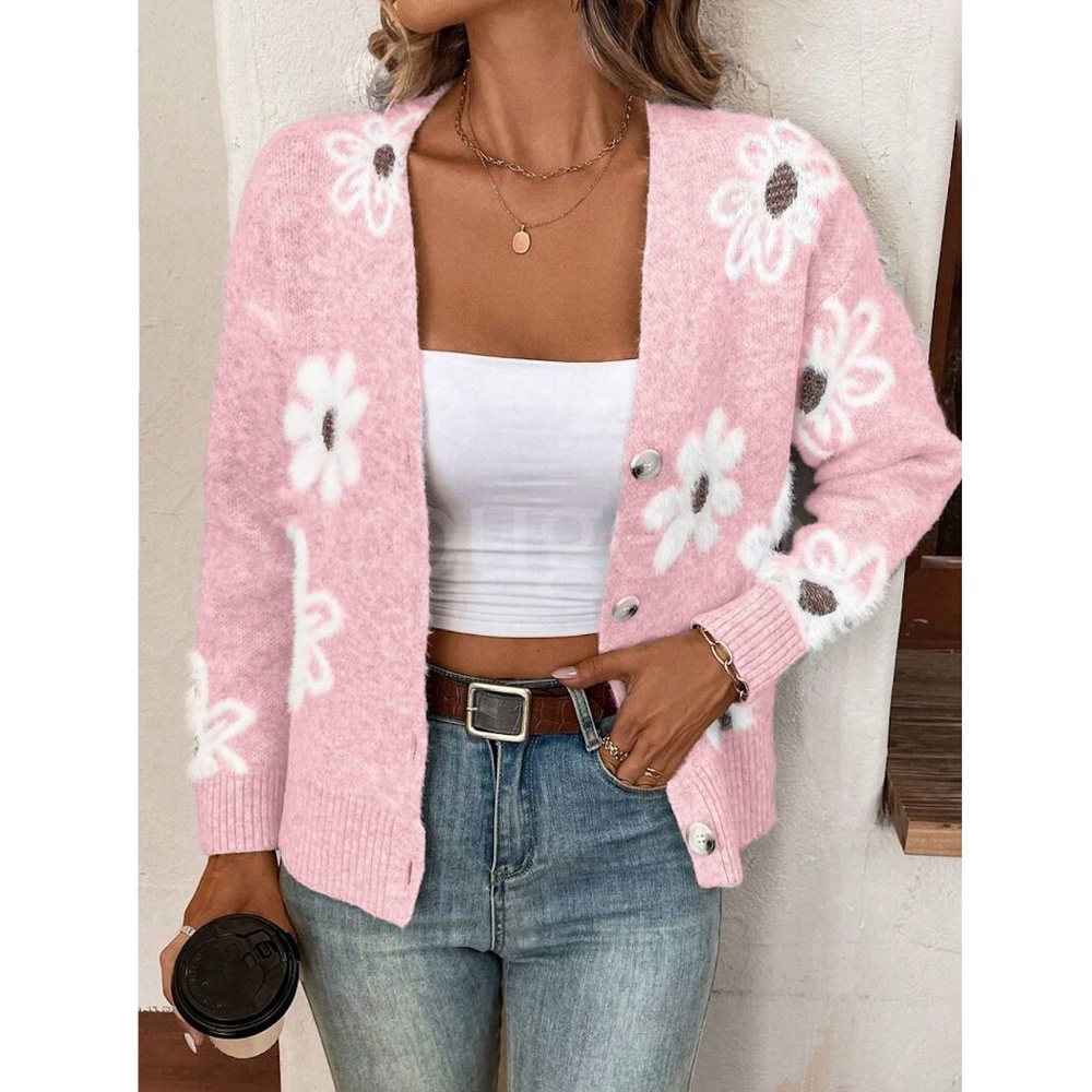 Pink Cardigan Knit Flower Textured Button Front Stretchy, Soft - Picture 3 of 9